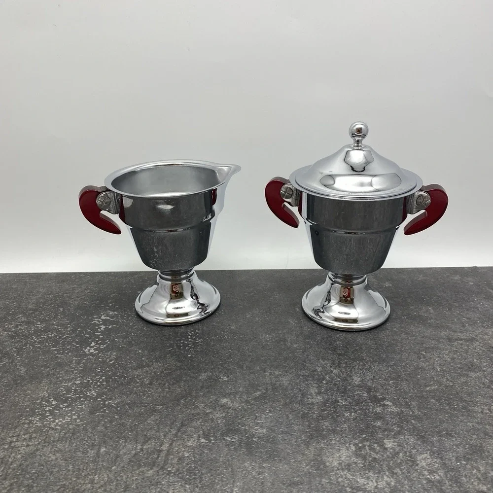 As‎ Is Vintage Art Deco Chrome Creamer & Sugar Cherry Red Bakelite Handles